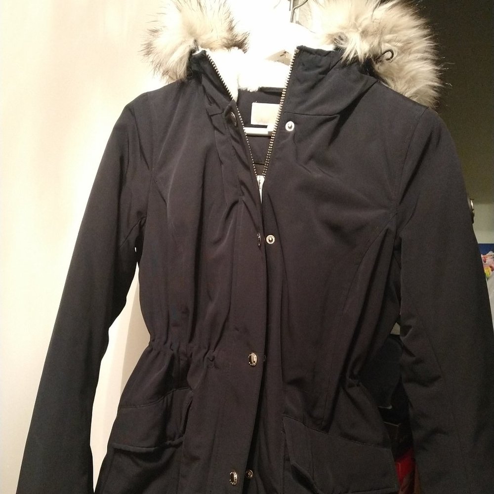 Michael Kors Dark Navy Winter Coat Jacket Size XS Gold Accents Cinch Waist Fur